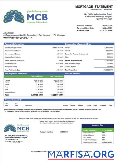 Realistic Myanmar Citizens Bank mortgage statement Word and PDF template
